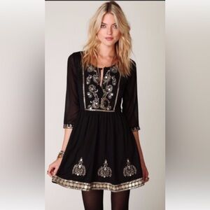 Free People Black and Gold Embellished Mini Dress with Bishop Sleeves